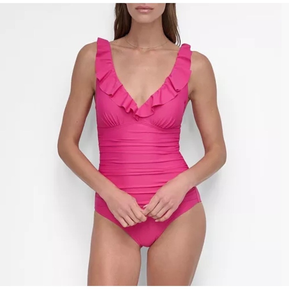 NWT DKNY Ruffle Plunge Underwire Tummy Control One-Piece Swimsuit Sz 8 Neon Pink